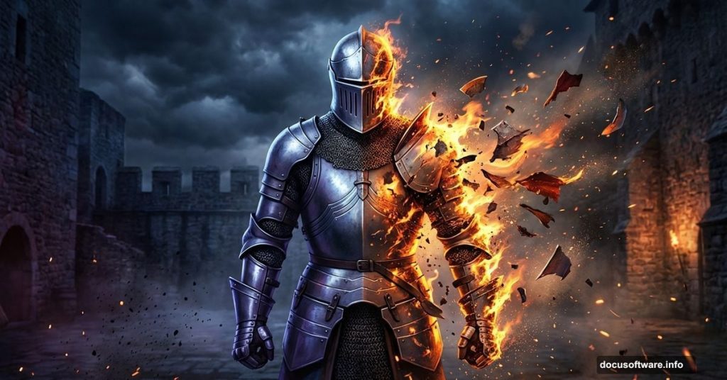 Medieval knight disintegrating into fiery debris and glowing particles