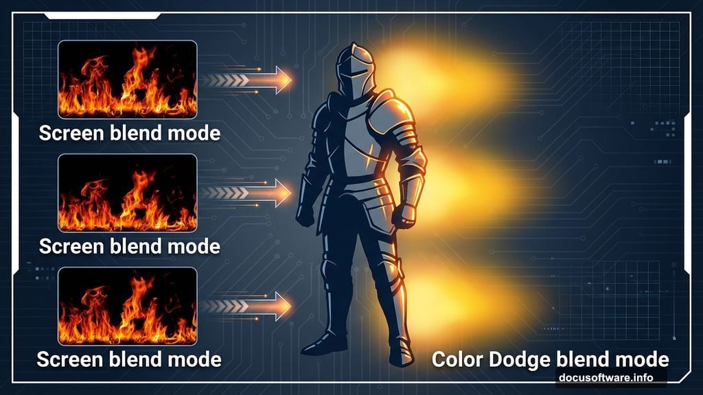 Screen and Color Dodge blend modes combine fire elements with lighting