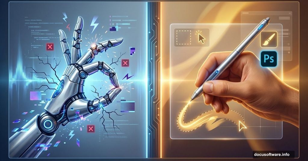 AI robot arm failing versus human hand succeeding with Photoshop tools