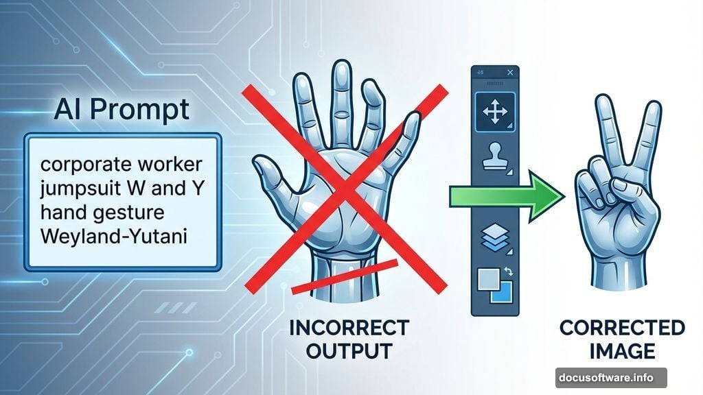 AI failed hand gesture prompt fixed with Photoshop cloning and repositioning