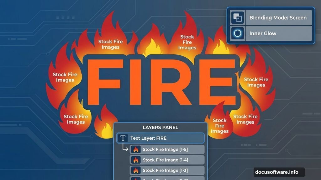 Smart layering stock images and blending modes create burning text effect