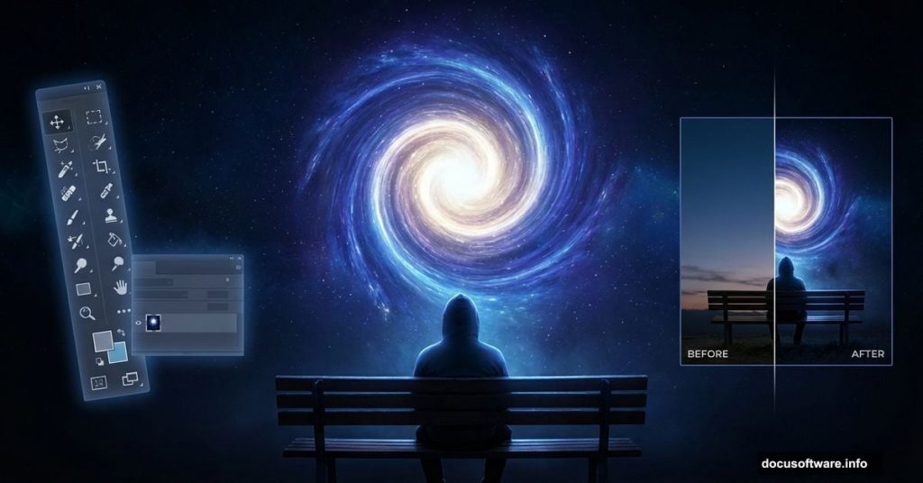 Person watching glowing magical portal in sky with Photoshop tools overlay