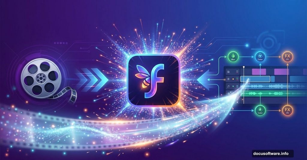 Adobe Firefly logo with video effects, transitions, and timeline visualization