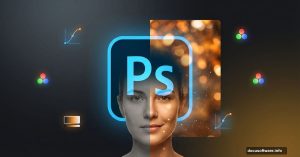 Adobe Photoshop logo with before-after portrait editing transformation showcase