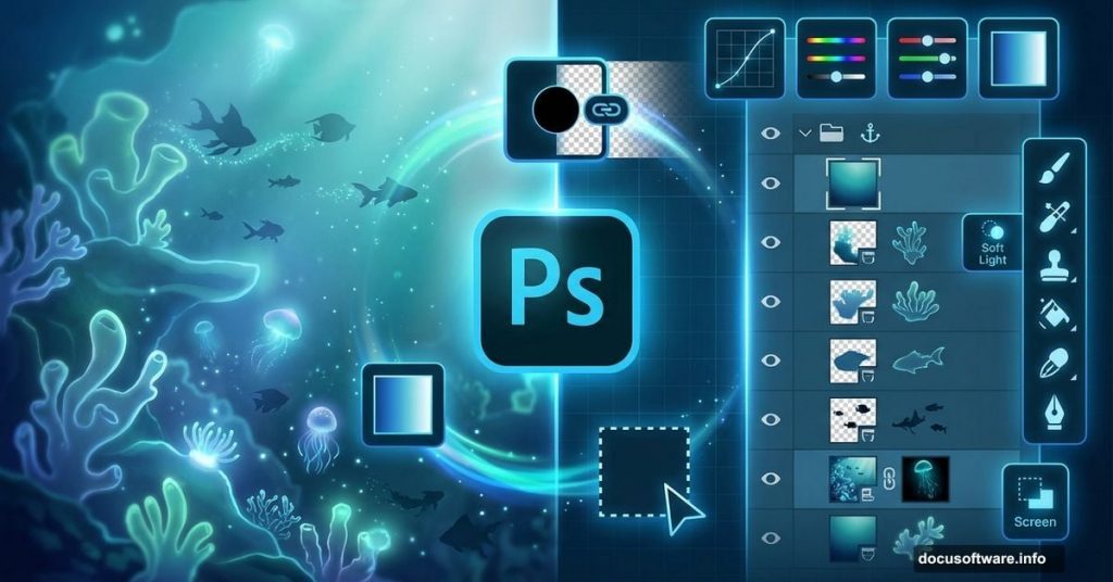 Adobe Photoshop underwater scene creation with layers and editing tools