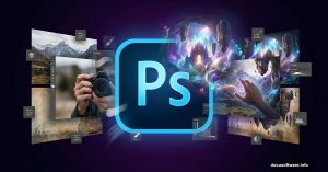 Adobe Photoshop logo with surreal photo manipulation scene emerging behind