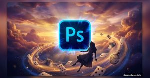 Adobe Photoshop logo with Alice in Wonderland photo manipulation elements