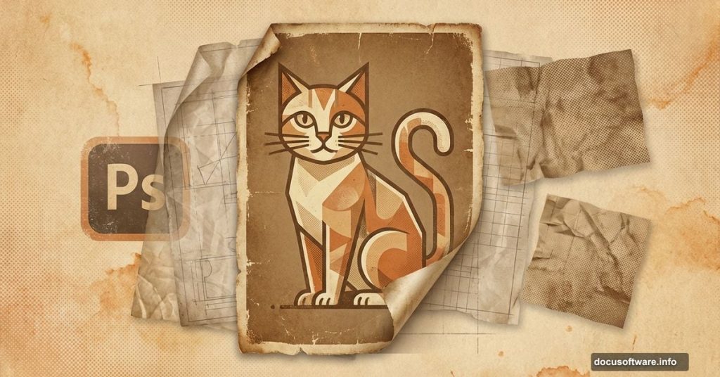 Vintage poster design with geometric cat illustration and textured paper layers
