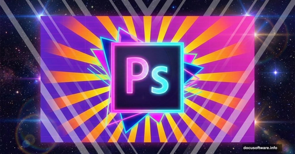Adobe Photoshop logo with vibrant retro 1980s geometric design elements