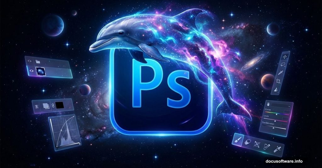 Adobe Photoshop logo with dolphin transforming into cosmic nebula space scene