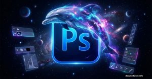 Adobe Photoshop logo with dolphin transforming into cosmic nebula space scene