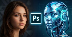 Human portrait transforming into cyborg using Adobe Photoshop techniques