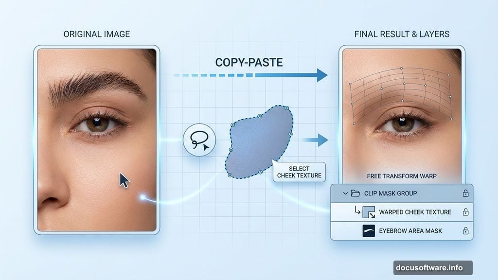 Remove eyebrows using copy-paste technique preserving natural skin texture and lighting