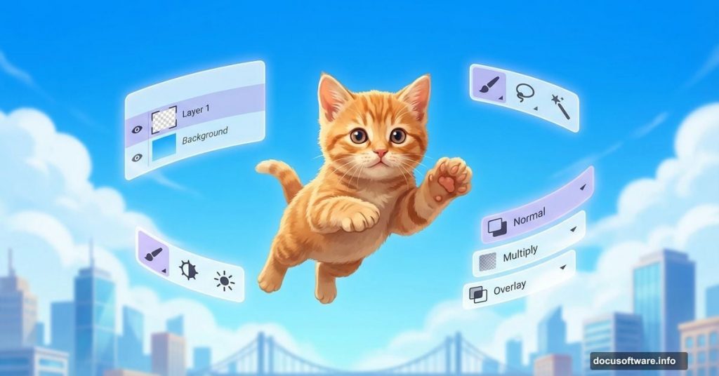 Flying kitten surrounded by Photoshop interface elements above city