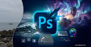Adobe Photoshop logo with surreal photo manipulation composite emerging behind