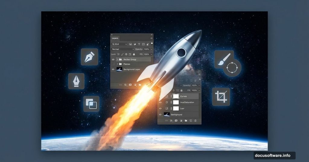 Rocket launching into space with Adobe Photoshop tools overlay