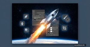 Rocket launching into space with Adobe Photoshop tools overlay