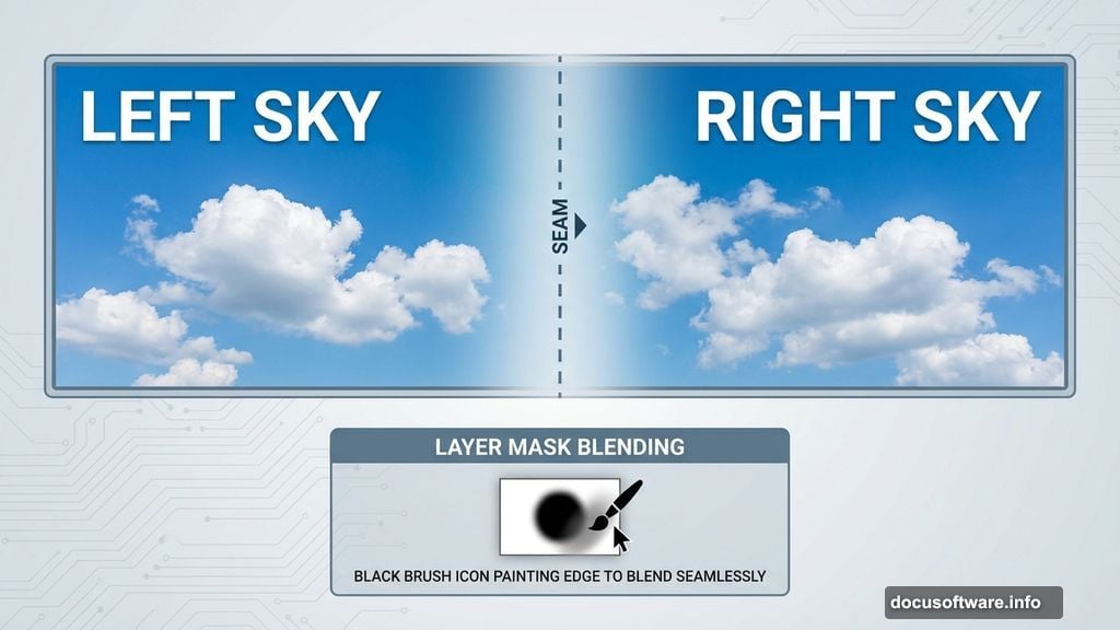 Layer masks blend two sky photos nondestructively in Photoshop