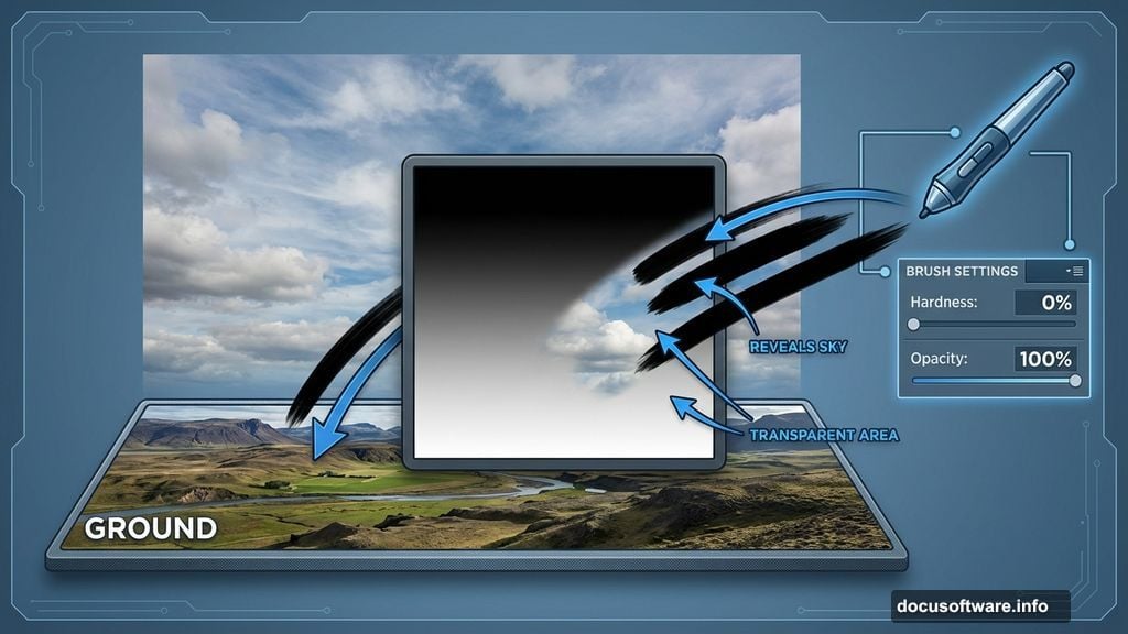 Soft brush with layer mask reveals sky through landscape