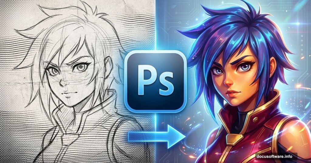 Anime sketch transforming to finished digital art through Photoshop