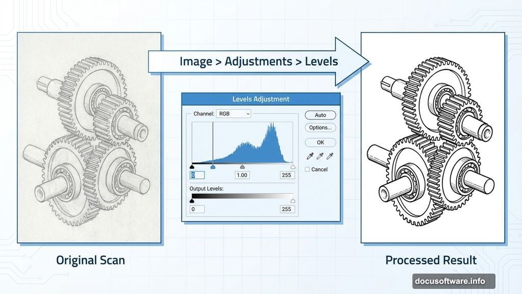 Levels adjustment transforms scanned outline to pure black and white