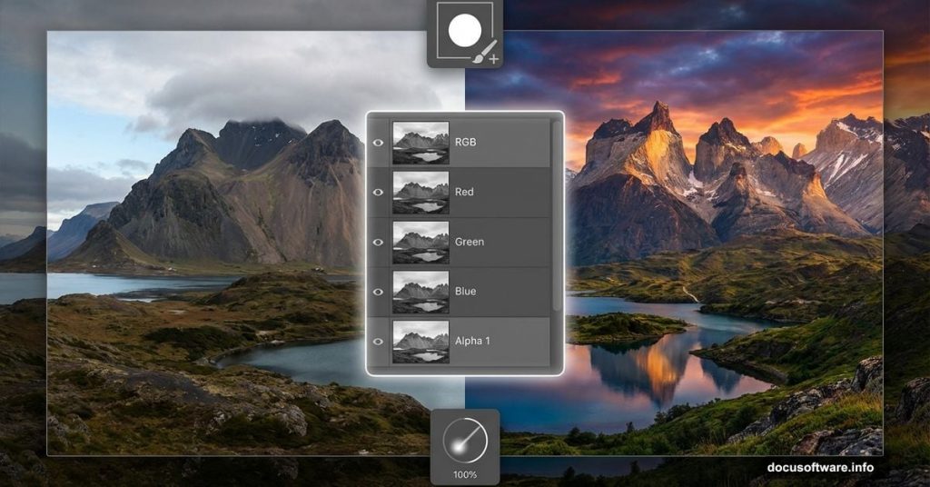Split landscape showing before and after Photoshop channel mask blending