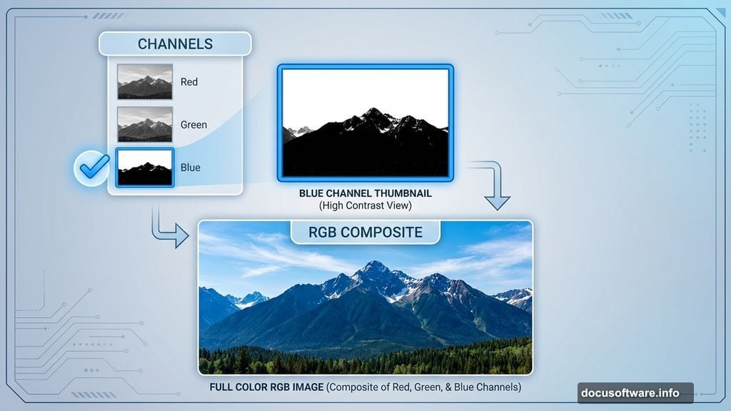 Blue channel showing strongest contrast between land and sky