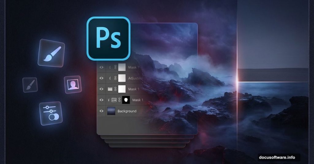 Photoshop layers panel transforming landscape into dark cinematic matte painting