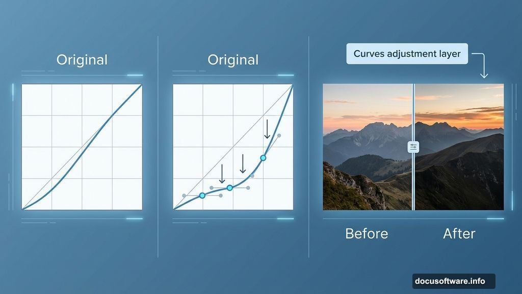Curves adjustment layer darkens ground substantially in midtones and shadows