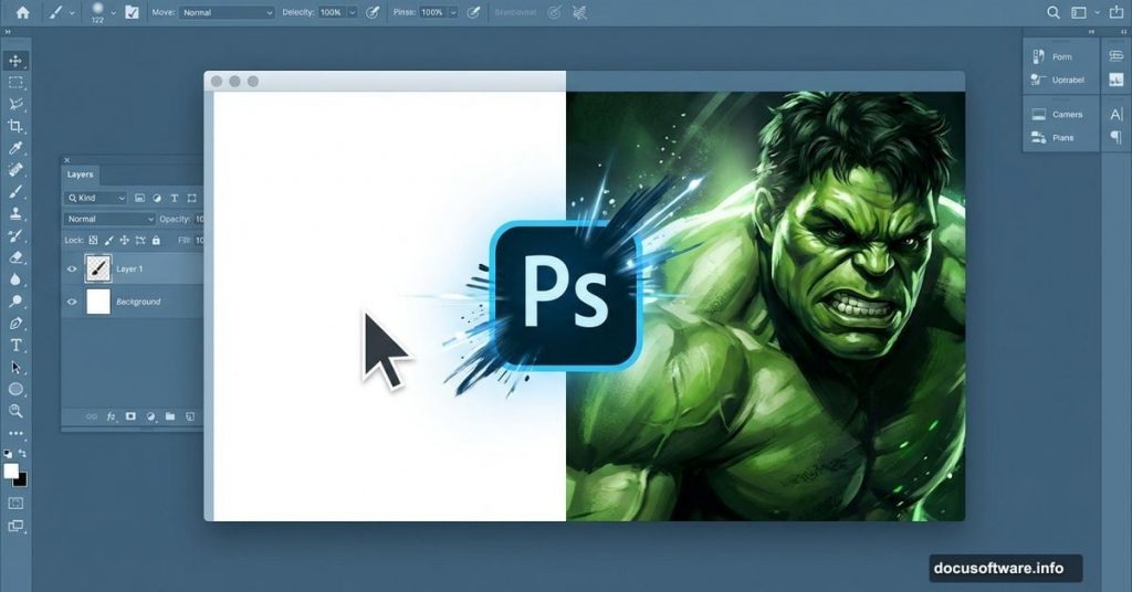 Photoshop canvas transforming blank space into finished Hulk digital painting
