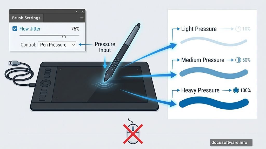 Graphics tablet with pen pressure sensitivity controls brush flow jitter