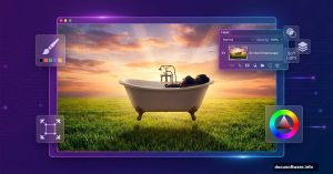 Surreal bathtub on field inside Photoshop interface with editing tools