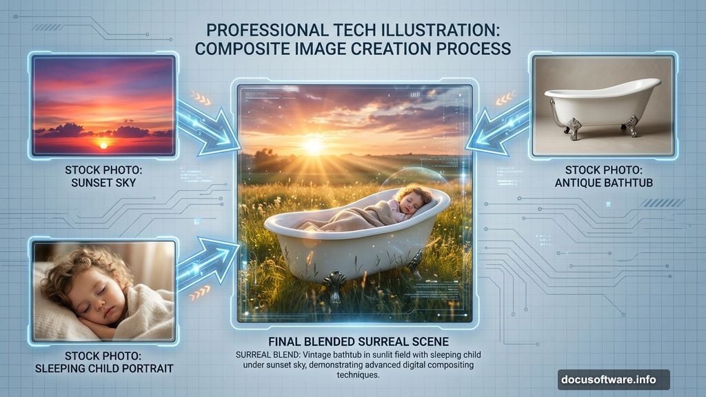 Blend multiple stock photos into surreal bathtub scene composition