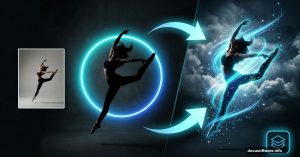 Dance photo transformation showing before and after photo manipulation effects