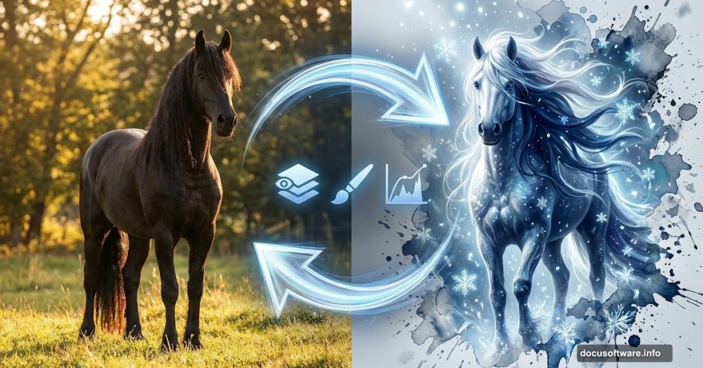 Horse photo transforming into winter fantasy art with Photoshop effects