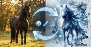 Horse photo transforming into winter fantasy art with Photoshop effects