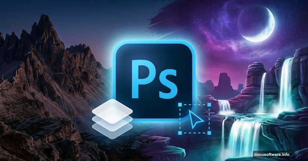 Photoshop logo with fantasy night landscape mountains and waterfalls emerging