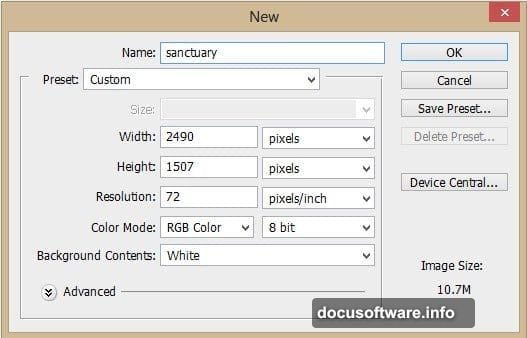 New document dialog sets canvas width to 2490 pixels and height to 1507