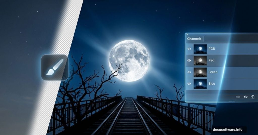 Moonlit railway scene with Photoshop Channels panel overlay showing masking