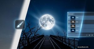 Moonlit railway scene with Photoshop Channels panel overlay showing masking