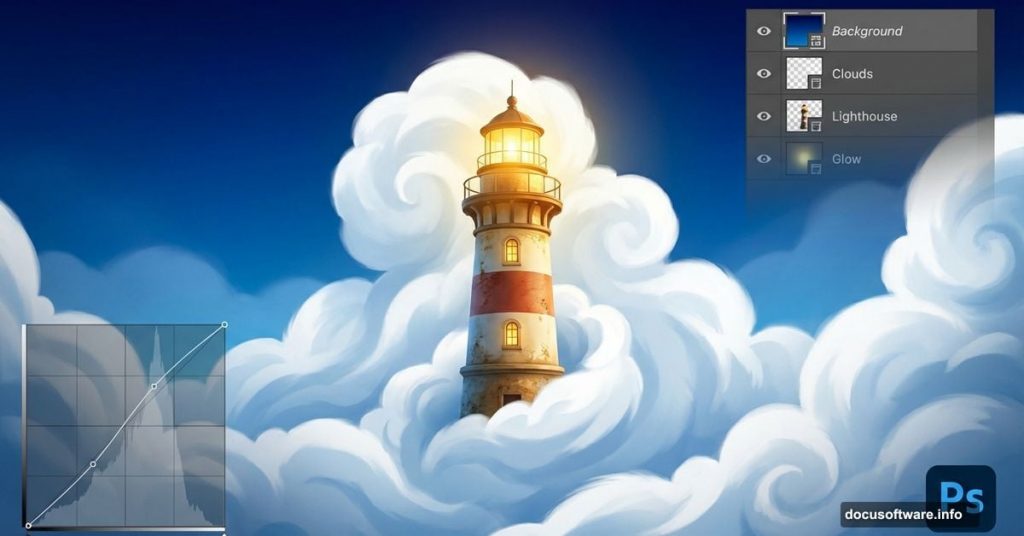 Lighthouse floating on clouds with Photoshop interface overlay elements
