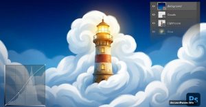 Lighthouse floating on clouds with Photoshop interface overlay elements