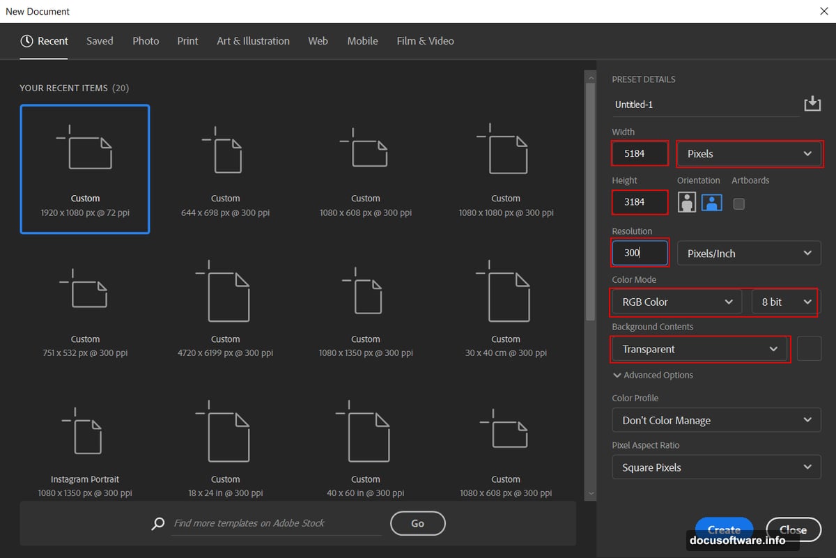 Canvas setup with print-quality resolution and transparent background specifications