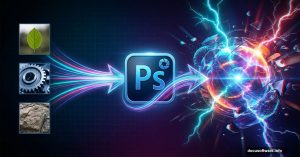 Three simple images transforming into complex 3D abstract composite art