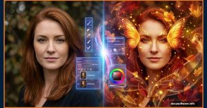 Portrait photo transforming into magical autumn fairy artwork in Photoshop
