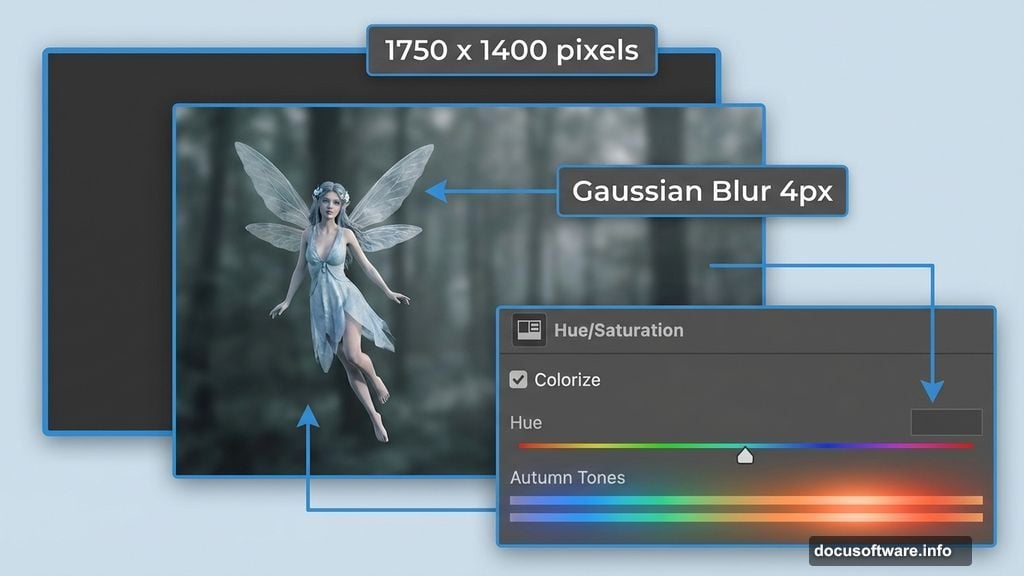 Create autumn color mood with Hue Saturation adjustments and Gaussian Blur