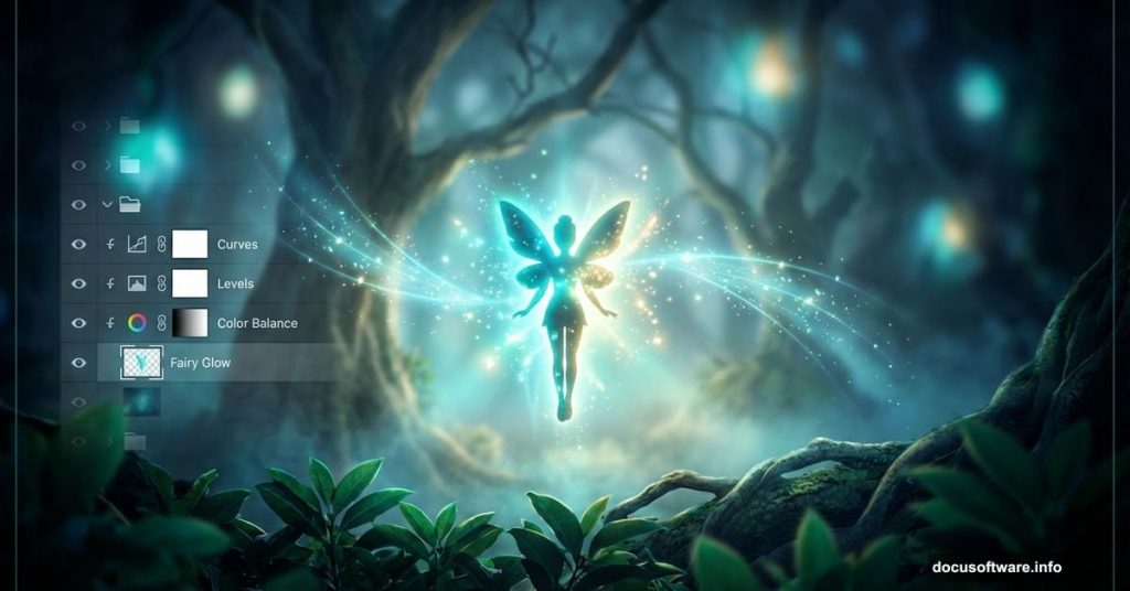 Glowing fairy in mystical forest showing Photoshop depth and lighting effects
