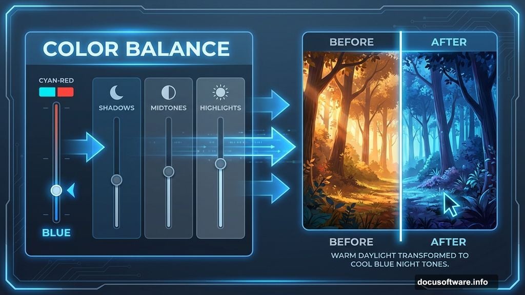 Color Balance adjustment layer transforms day scenes to night tones