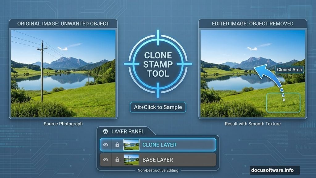 Clone Stamp tool removes unwanted objects by sampling clean pixels