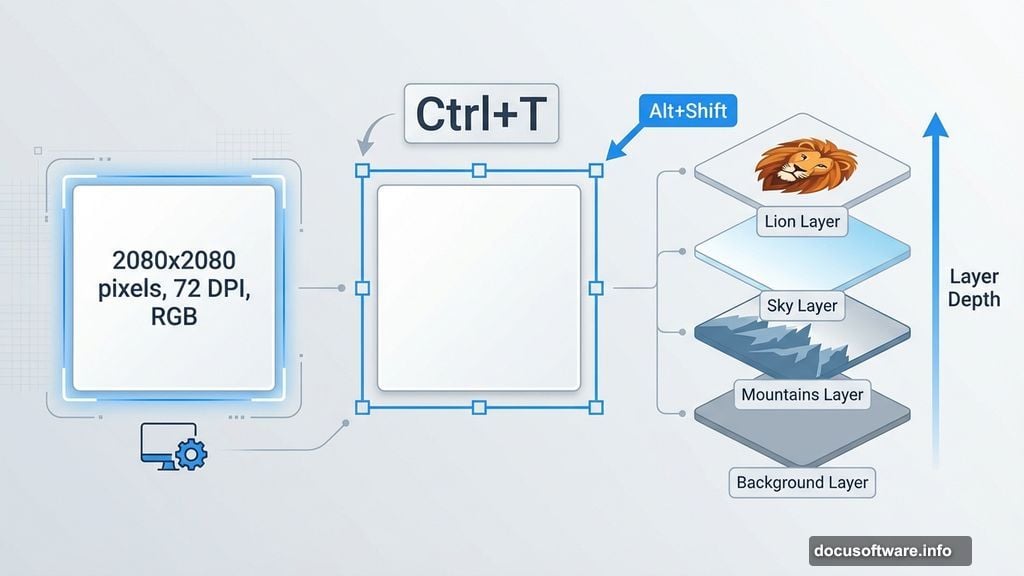 Photoshop canvas setup with proper dimensions and layer organization